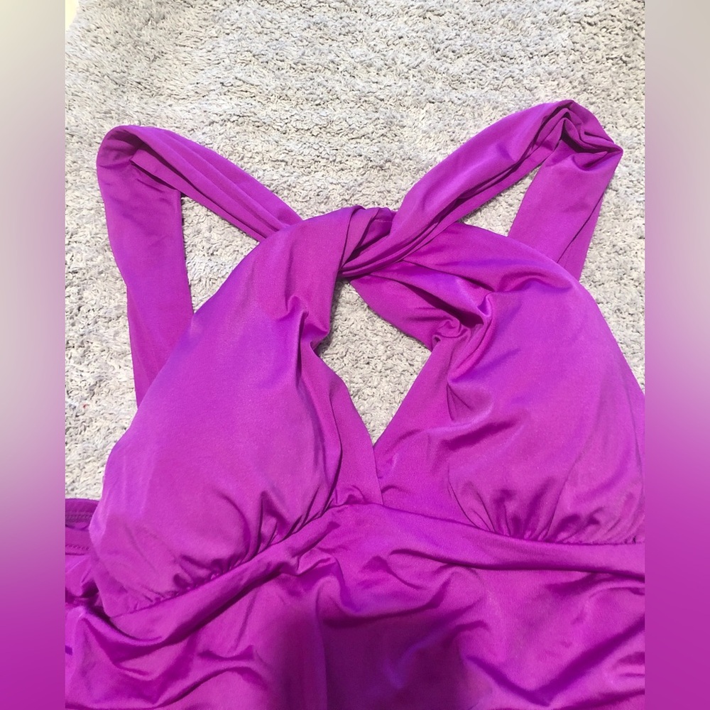 Badgley Mischka Purple Ruched Halter One Piece Swim Suit size 14 - Picture 4 of 8